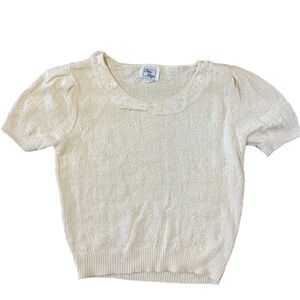 Vintage Petite Ways Off White Cream Short Sleeve Collared Sweater